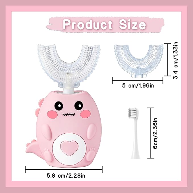 Kids Electric U Shaped Toothbrush, Sonic Automatic Toothbrush Kids with 4 Brush Heads, 3 Cleaning Modes, Cartoon Dinosaur IPX7 Waterproof 360º Round Toddler Electric Toothbrush(Pink, Ages 2-12)