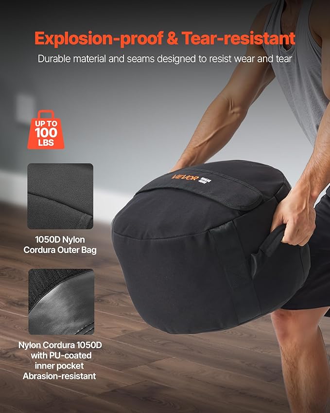 VEVOR Workout Sandbag, Heavy Duty Workout Power Bags with Handles, 100 lbs/45 kg Slam Bag for Fitness Strength Weight Training Cross-Training, Home Gym Exercise, Black (Unfilled)-StrideForce Fitness