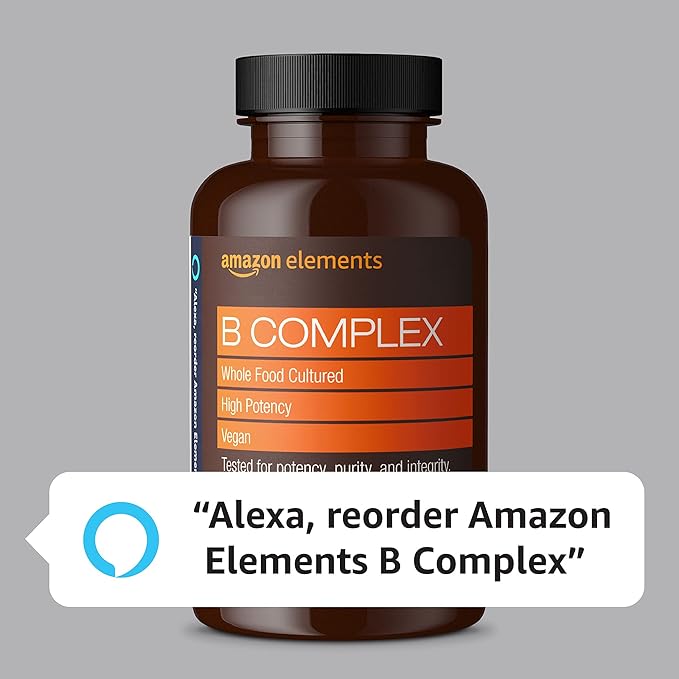 Amazon Elements B Complex, High Potency, 83% Whole Food Cultured, Supports Immune and Normal Energy Metabolism, Vegan, 65 Capsules, 2 Month Supply (Packaging May Vary) (Pack of 2)-StrideForce Fitness