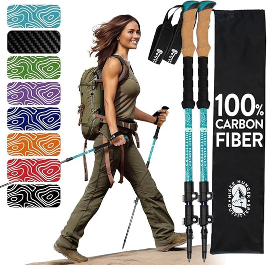 100% Carbon Fiber Trekking Poles by USA Brand - Ultra Strong Lightweight Collapsible Hiking Poles with Cork and EVA Foam Grips & Quick Adjustable Flip Locks-StrideForce Fitness