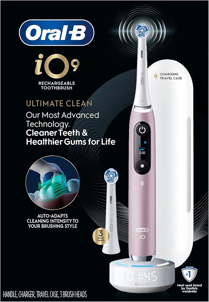 Oral-B iO Series 9 Limited Rechargeable Rose Quartz Electric Toothbrush with (2) Ultimate Clean and (1) Gentle Care Replacement Brush Heads, White, Travel Case-White and Charger