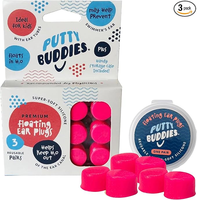 Earvolution Floating Putty Buddies Ear Plugs for Swimming - Invented by an Ear Physician - Moldable, Premium, Silicone - Floats on Water - Waterproof - Made in The USA - 3 Pack - Hot Pink-StrideForce Fitness