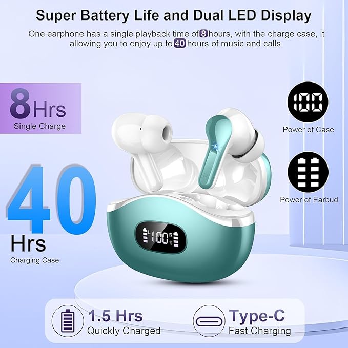 Wireless Earbuds, 2025 Bluetooth Headphones 5.3 HiFi Stereo Ear buds with ENC Noise Cancelling Mics, 40H Bluetooth Earbuds with Dual LED Display Charging Case, IP7 Waterproof Earphones for Android iOS-StrideForce Fitness