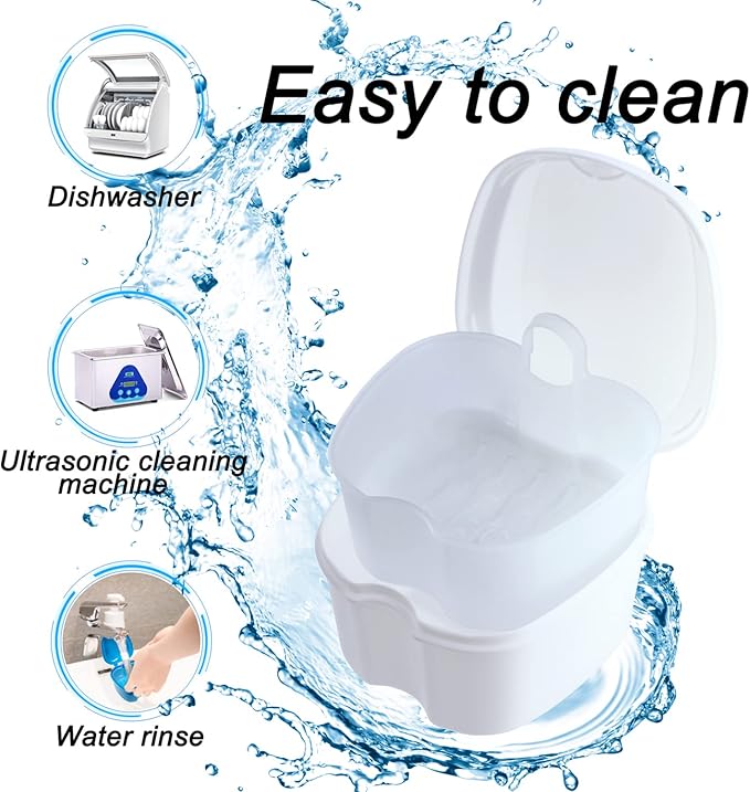 Denture Soaking Box Orthodontic Retainer Bath Case with Strainer Basket, False Teeth Container Dental Denture Bath Box Case Cup for Travel Cleaning - White