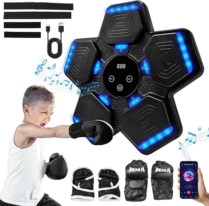 Music Boxing Machine, Bluetooth Music Punching Machine with Gloves, Electronic LED Boxing Training Equipment Wall Mounted, 9 Modes & 9 Speeds, Boxing Target for Home, Office, Gym-StrideForce Fitness
