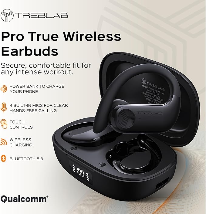 TREBLAB X3 Pro - Workout True Wireless Earbuds, Comfortable Earhooks, Bluetooth 5.3, Punchy Bass, Noise Isolation, 145H Playtime, IPX5 Waterproof, Sweatproof, 2 Mics for Calls, Sport Bluetooth Earbuds-StrideForce Fitness