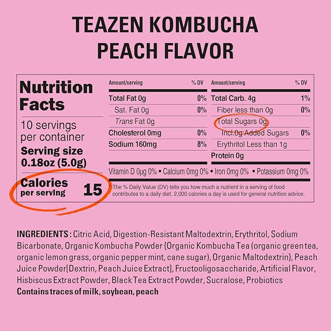 TEAZEN Peach Kombucha Tea, Hydration Drink Mix, Sugar Free, Live Probiotics & Prebiotics, 10 Sticks, 1.76oz-StrideForce Fitness