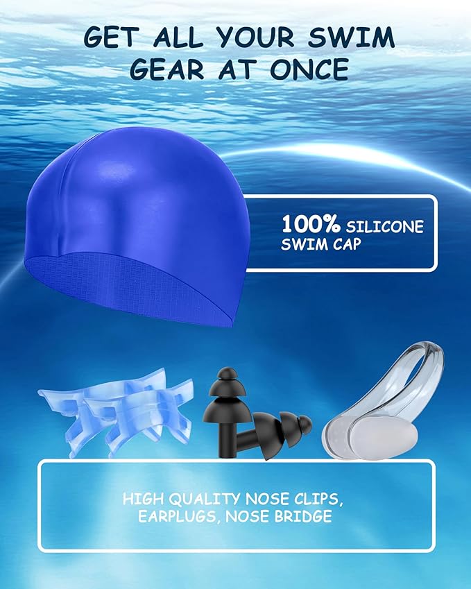 Kids Swim Goggles, Swimming Goggles for Kids Toddlers 3-14 with Swim Cap, Nose Clip, Nose Bridge, Ear Plugs-StrideForce Fitness