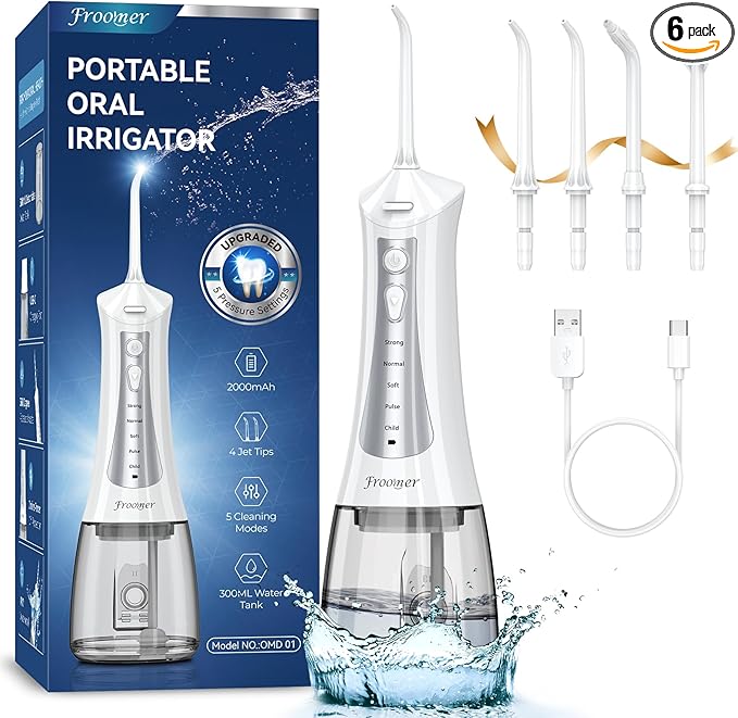Froomer Cordless Water Flosser – Rechargeable Portable Electric Water Flosser for Teeth, Braces, 5 Modes, IPX7 Waterproof, Travel Friendly, 300ml, White