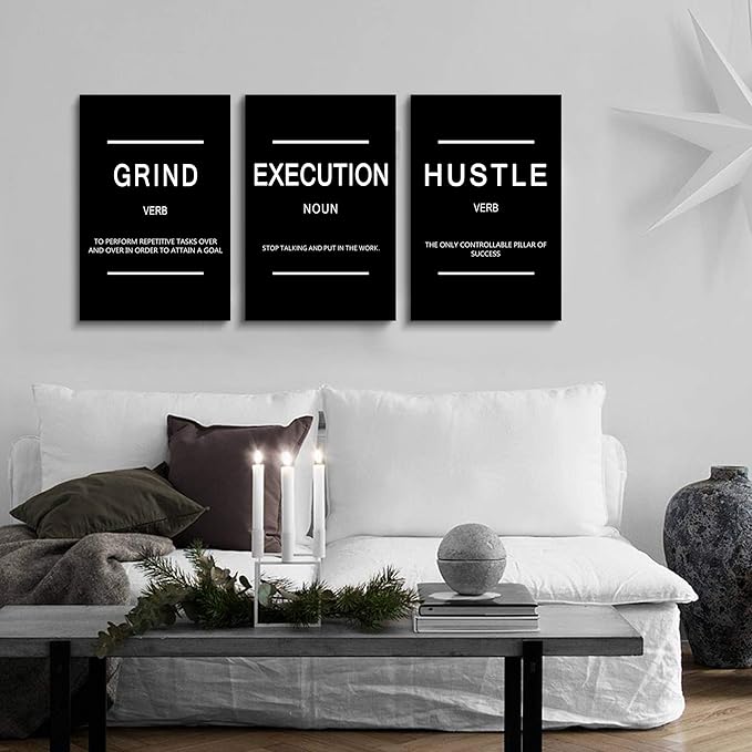 Framed Canvas Wall Art Success Quote, Office Wall Art, Black Large Poster, Positive Motivational Set of 3 Prints, Execute Failure Definition, Inspirational Print (B-3pcs,20x30inchx3pcs)-StrideForce Fitness