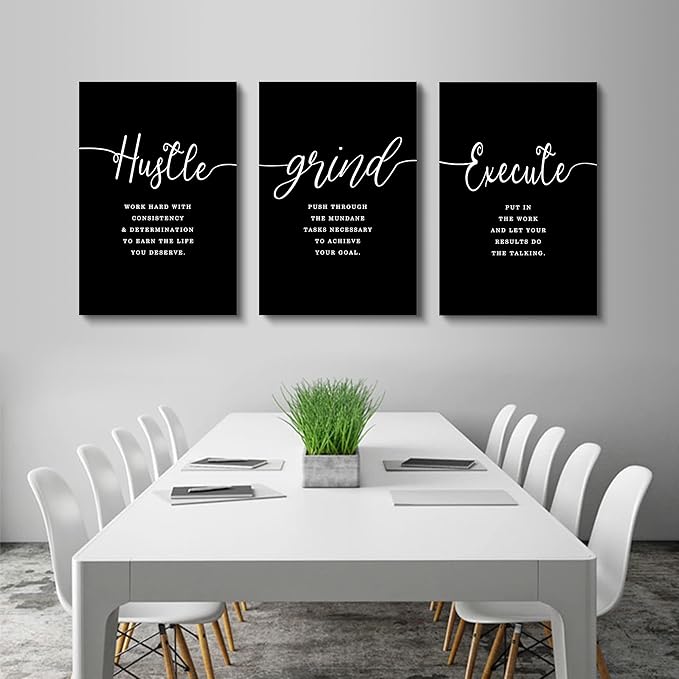 Hustle Grand Slogan Poster,Gift for Boss, Present for Father, Framed Canvas Wall Art Success Quote, Office Wall Art, Black Large Poster, Inspirational Print (F-3pcs,16x24inchx3pcs)-StrideForce Fitness