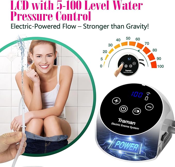 TRAMAN-Enema-Kit, Detox-Enemas for Colon-Cleanse for Women Men, Coffee Enema Coffee-Organic Cleanse Kit, Electric Water Flow Speed Control with LCD Display, Pressure Spray, External Water Supply-StrideForce Fitness