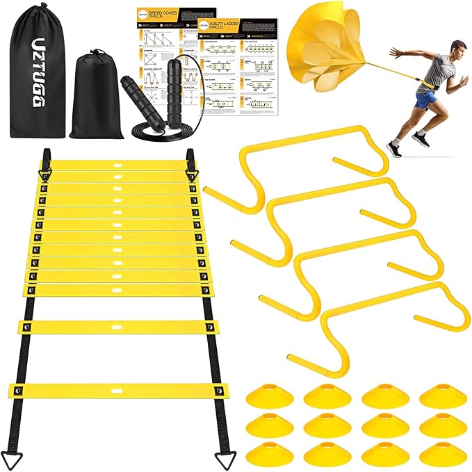 Soccer Training Equipment, Speed Agility Training Equipment for Kids Youth Adults, 20ft Agility Ladder, 4 Hurdles, Jump Rope, 12 Soccer Cones, Running Parachute, Football Training Equipment-StrideForce Fitness