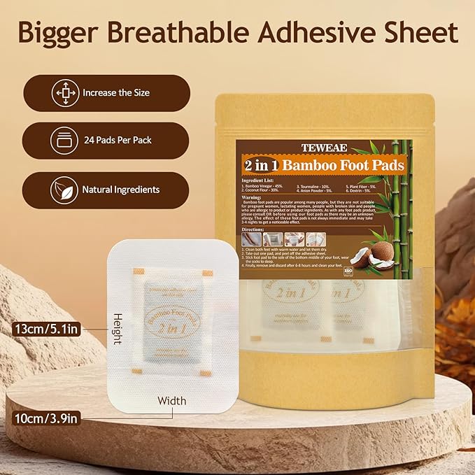 2 in 1 Foot Pads, 24Pads Bamboo Vinegar Coconut Shell Powder Feet Pads with ''Stay in Place'' Bigger Adhesive Sheet-StrideForce Fitness