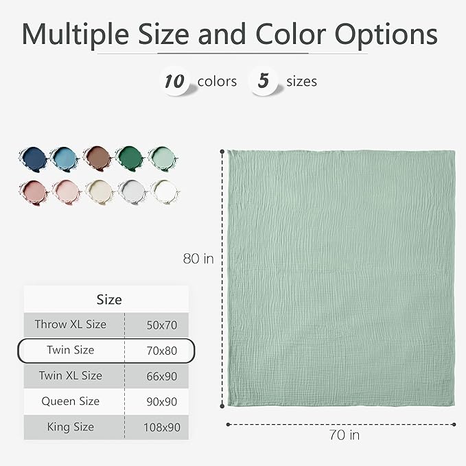 Carriediosa 100% Cotton Muslin Throw Blanket 70" X 80" Twin Size，4-Layers Summer Gauze Throws for Bed Couch，Soft Lightweight Breathable Linen Blankets Bedspread for Adults All Season，Sage Green-StrideForce Fitness