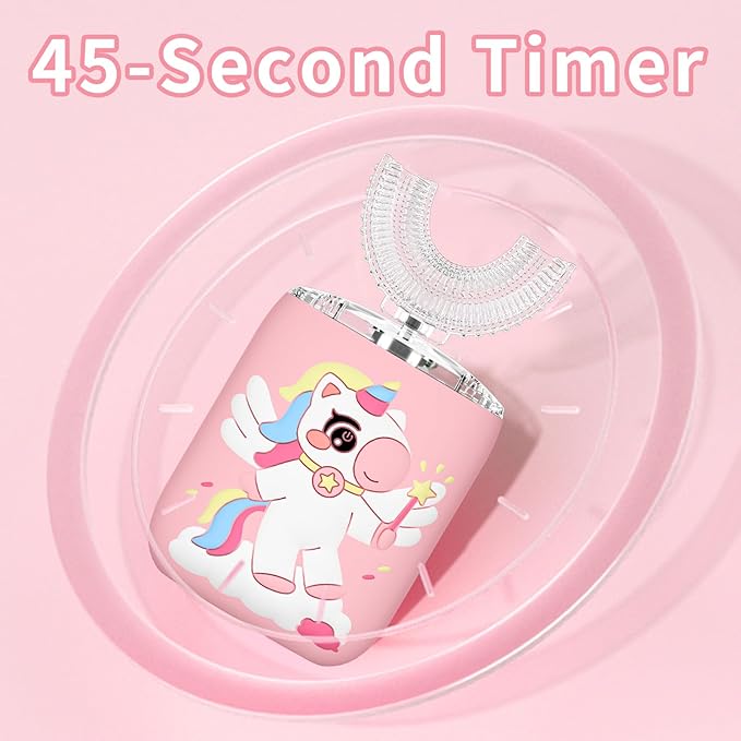 Kids Electric U Shaped Toothbrush Unicorn Rechargeable Sonic Toothbrush with 4 Soft Brush Heads with Kid Toothpaste IPX7 Waterproof - (Age 8-15, Pink)