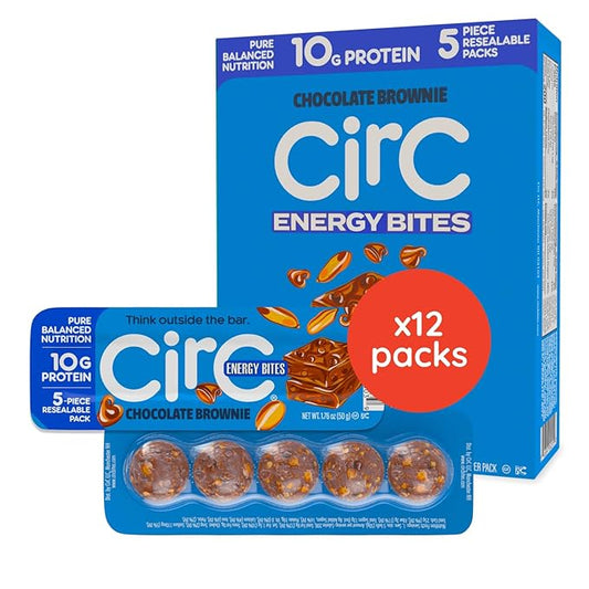 CirC Energy Bites - 12 Pack Chocolate Brownie Gluten Free Protein Balls - 10g Protein, Whole Grains, Nuts & Fruit - Portable Healthy Snacks for Adults & Kids, 5 Piece Resealable Packs-StrideForce Fitness