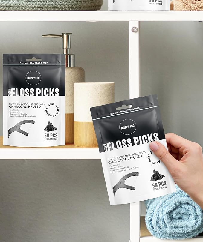Floss Picks Biodegradable (100pcs) - Plant Based Dental Floss Picks, Natural Flossers for Adults & Kids, Nontoxic Vegan Tooth Pick Flossers & Eco Floss Sticks - Double Thread Charcoal