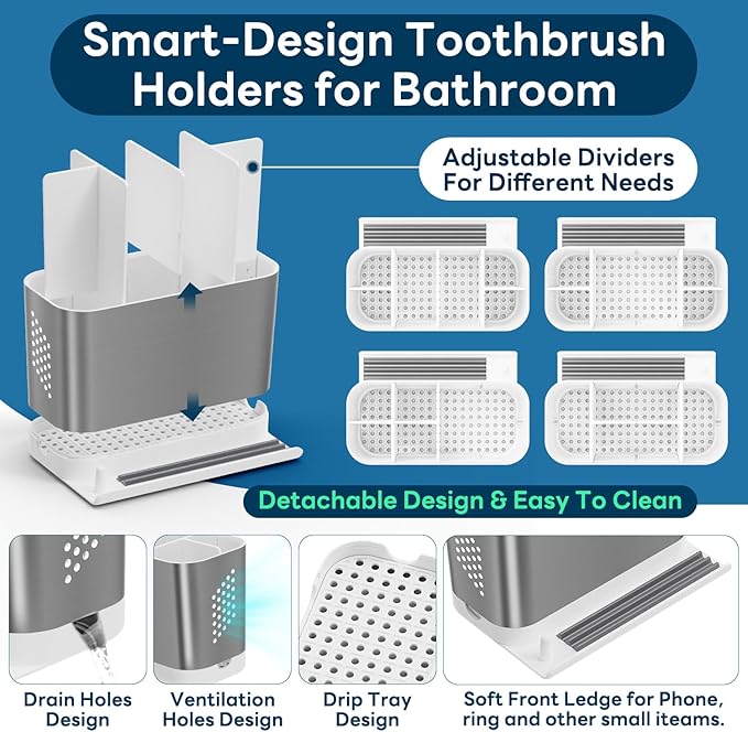 Bathroom Countertop Organizer with Front Ledge for Phone, Detachable Kids Toothbrush Holders with Cord Slots and Ring Holder, 6 Slots Toothbrush Toothpaste Holder with Drainage for Family