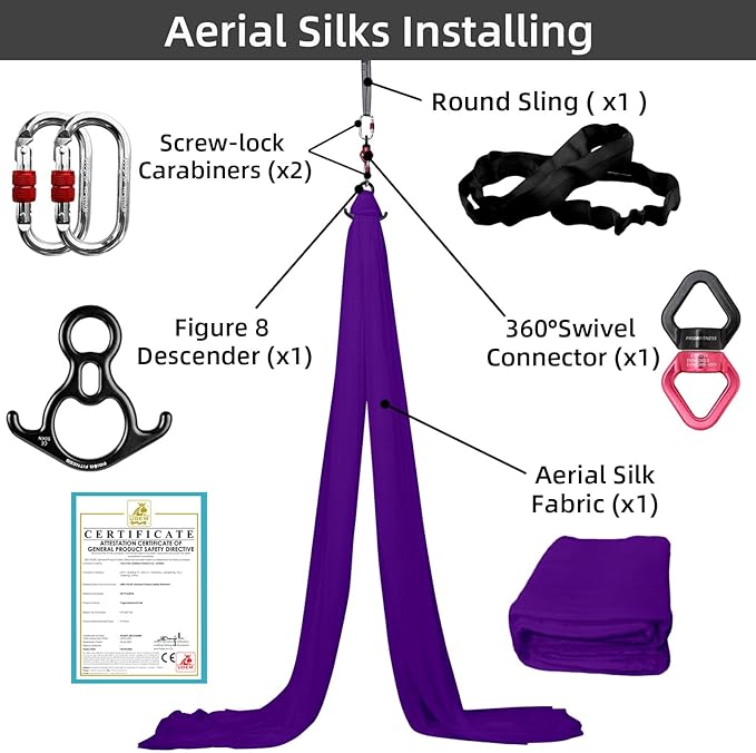 PRIOR FITNESS Aerial Silks Kit Colorful 9/15/20 Yards 40D Nylon Fabric Hammock Set With Hardware & Guide for All Levels Of Aerial Yoga Practice and Acrobatic Flying For Adults Aerial silk-StrideForce Fitness