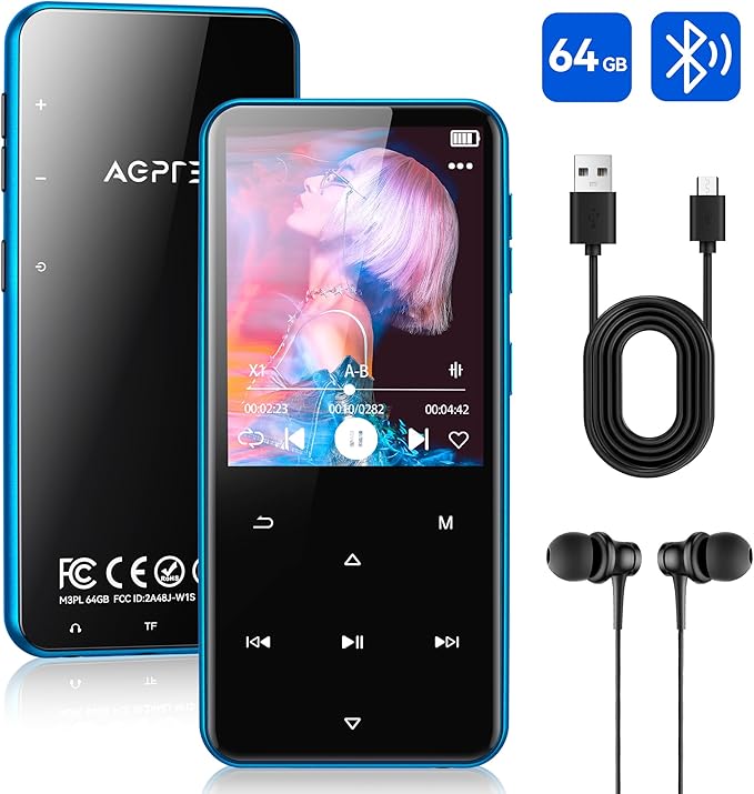 AGPTEK 64GB MP3 Player with Bluetooth, M3 2.4 inch Music Player with Speaker and FM Radio, Touch Buttons, Supports Up to 128GB(Blue)-StrideForce Fitness