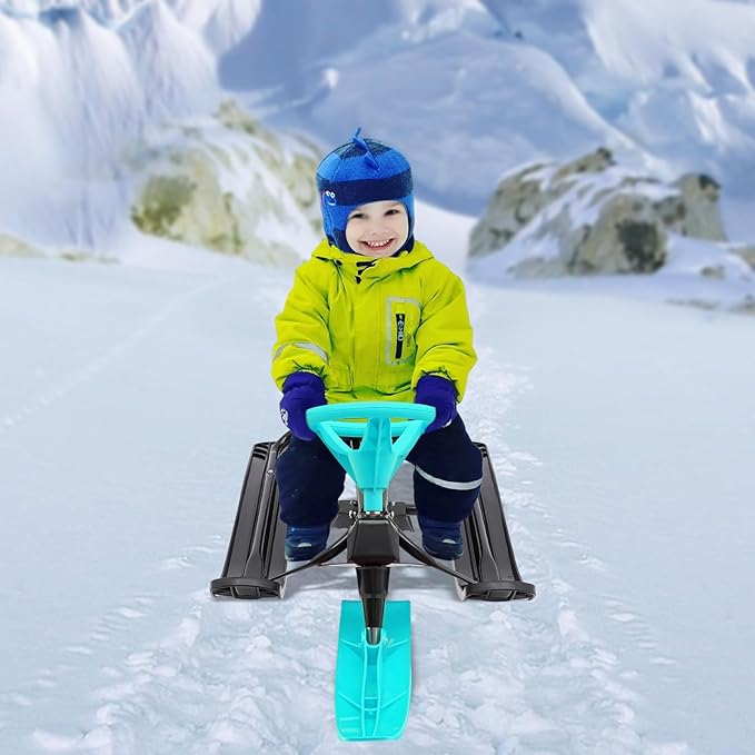 Snow Racer Sled with Steering Wheel and Brakes, Durable Steel Frame, Downhill Steerable Sled for 220 LBS Kids, Teenagers, Adults-StrideForce Fitness