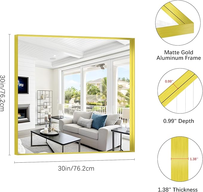 Gold Bathroom Mirror, 30x30 Inch Rectangular Framed Mirror, Large Wall Mounted Bathroom Vanity Mirror Over Sink for Bedroom,Restroom, Living Room, Hangs Vertically or Horizontally-StrideForce Fitness