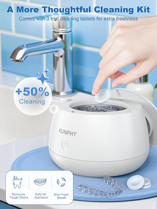 KUNPHY 2026 Ultrasonic Retainer Cleaner Machine, 48kHz Dental Cleaning Pod for Braces, Night Guard, Mouthguard, Toothbrush, Jewelry, 7Oz Denture Cleaner Machine