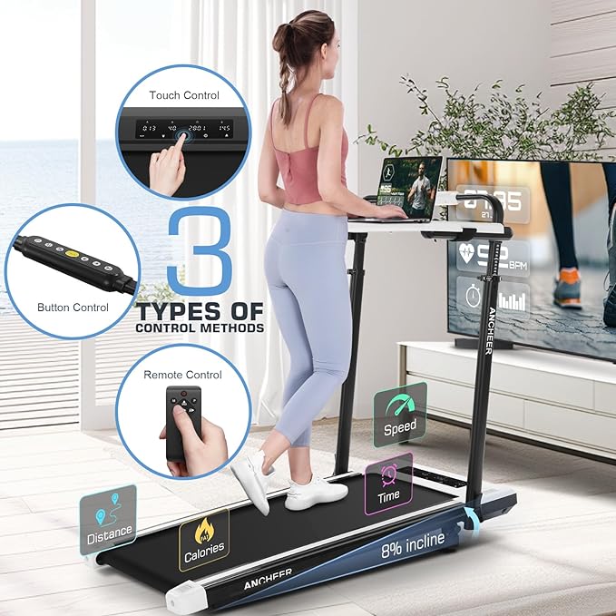 ANCHEER Walking Pad Treadmill with 12% Incline&Adjustable Height, 4 in 1 Under Desk Treadmills with Desk Workstation, Foldable Treadmill for Home 300lb,3 Type Control-StrideForce Fitness