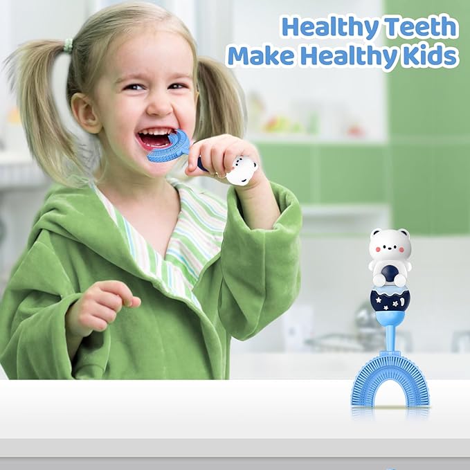 U-Shaped Toothbrush for Kids Ages 2-7， Soft Food-Grade Silicone for Sensitive Gums， 360° Teeth Cleaning Design，Training & Travel-Friendly Toddlers' Toothbrush (Blue)