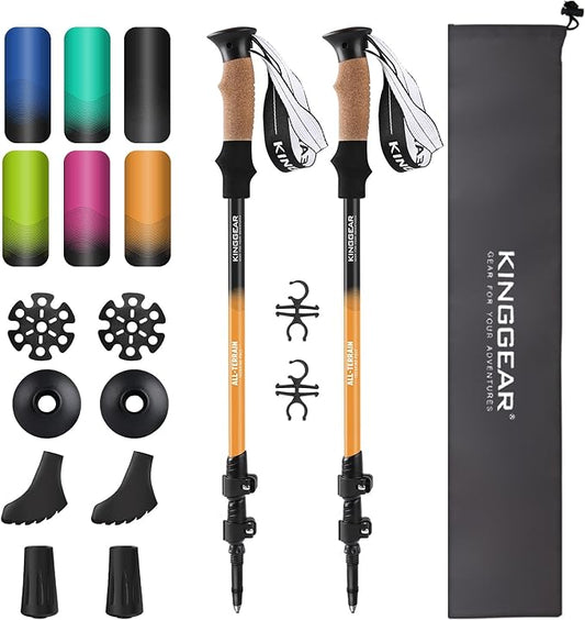 KINGGEAR Nordic Walking Stick, TP1 Hiking Poles Retractable Lightweight 7075 Aluminum, Trekking Poles with Flip Lock, Natural Cork and EVA Grip, 2pc Hiking Gear-StrideForce Fitness