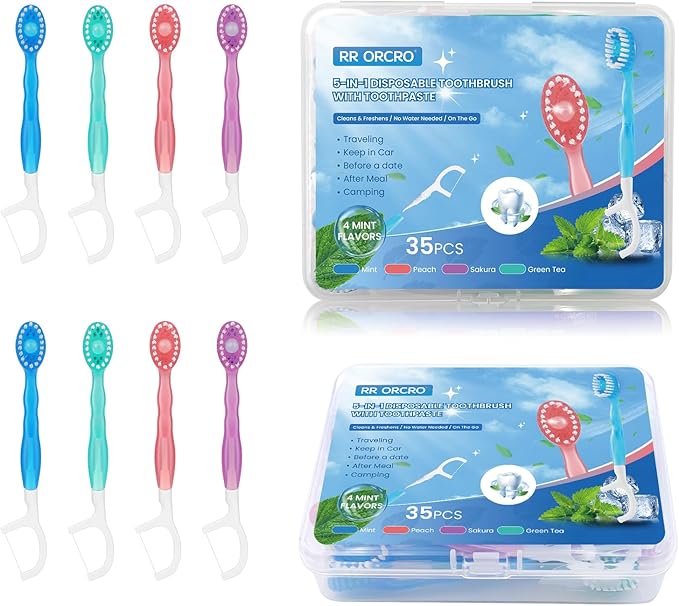 70Pack Mini Disposable Toothbrushes with Toothpaste Tongue Scraper Floss Pick 5-in-1 Single Use Portable Travel Toothbrush Individually Wrapped Box Small Prepasted Travel Toothbrush for Kids Adult ﻿
