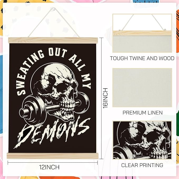 Gym Dumbbell Motivational Posters College Dorm Posters Gifts for Guys Friends Sweating Out All My Demons Gym Flag Wall Art Decor Sign for Home Gym Bedroom Office-StrideForce Fitness