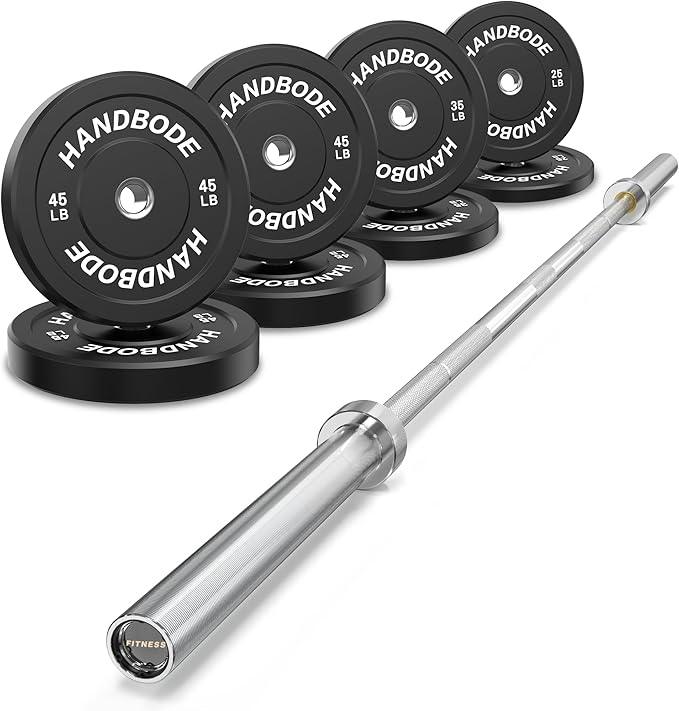 Olympic Bumper Plates Set 2 Inch, 10-55 lbs Rubber Weight Plates with 45 lb (20kg) Black/Silver Barbell, Strength Training & Weight Lifting for Home Gym-StrideForce Fitness