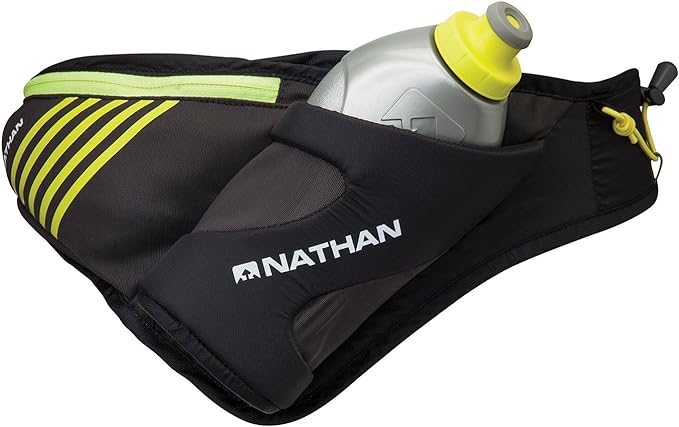 Nathan Peak Running Hydration Waist Pack Belt w/ Speed Draw Flask Water Bottle, 18oz/535 ml Push/Pull Race Cap, Expandable Zippered Stretch Pocket-StrideForce Fitness