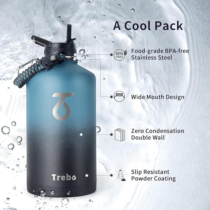 Trebo One Gallon Water Bottle Insulated with Paracord Handle,128oz Large Stainless Steel Water Jug,Vacuum Double Wall Insulated 24hr Cold Retention,Leakproof Flask with 3 Lids,Indigo Black-StrideForce Fitness
