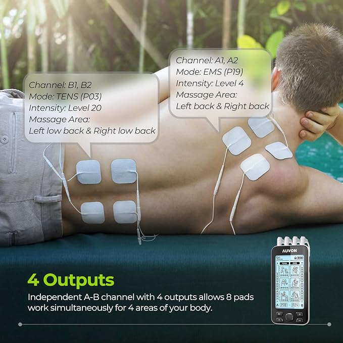 AUVON 4 Outputs TENS Unit EMS Muscle Stimulator Machine for Pain Relief Therapy with 24 Modes Electric Pulse Massager, 2" and 2"x4" Electrodes Pads, Black-StrideForce Fitness