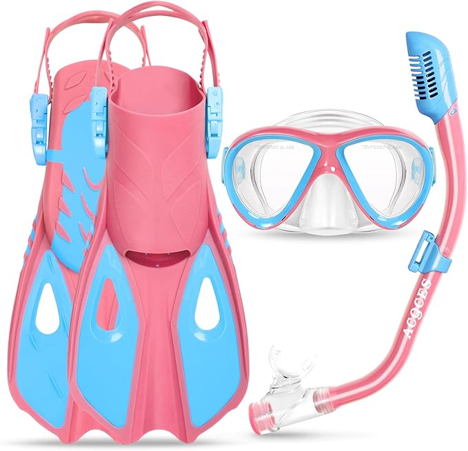 Kids Mask Fins Snorkel Set, Dry Top Snorkeling Gear for Kids Youth Boys Girls Junior Age 5-15 Tempered Glass Snorkel Mask Set Panoramic View Snorkeling Packages-StrideForce Fitness