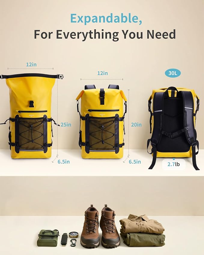 ECOHUB Waterproof Backpack for Women Men, 30L Roll-Top Closure Heavy Duty Dry Bag for Travel with IPX8 Waterproof Phone Case-StrideForce Fitness