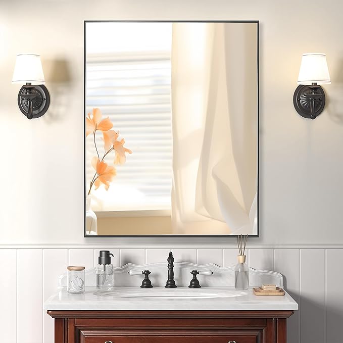24x32 Inch Black Bathroom Mirror for Wall, Aluminum Frame Rectangle Rectangular Vanity Mirror, Modern Large for Bedroom, Living Room, Horizontal or Vertical-StrideForce Fitness