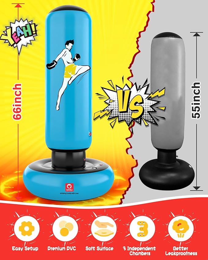 QPAU Kids Punching Bag Toy with Boxing Gloves, 66 Inch Larger Stable Kids Inflatable Boxing Bag Set, Gifts for Boys & Girls Age 6-12, for Practicing Karate, Taekwondo, MMA-StrideForce Fitness