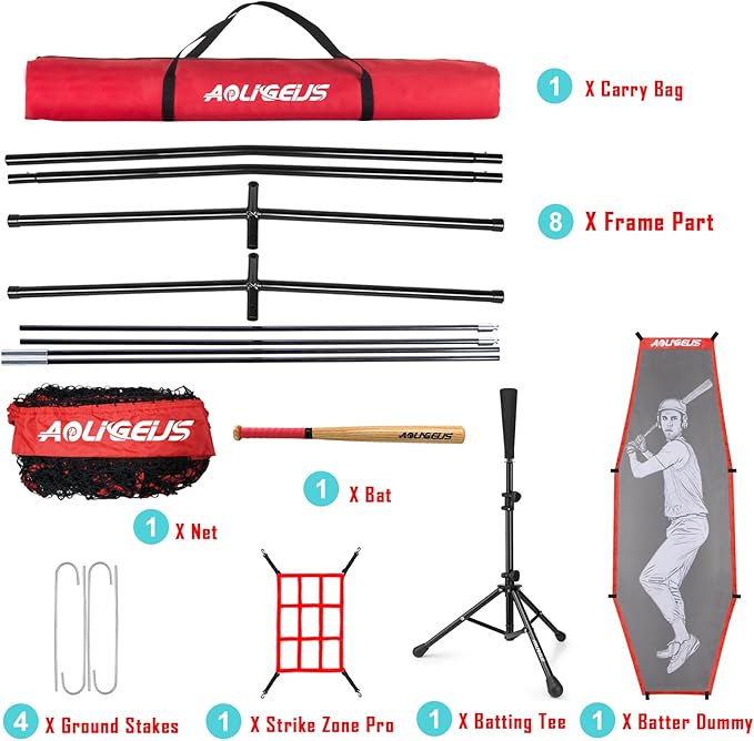 7'X7' Baseball Softball Practice Net,Pitching Net,Batting Net,with Baseball Tee,Bonus Strike Zone and Bow Frame,for Hitting,Pitching, Catching-StrideForce Fitness