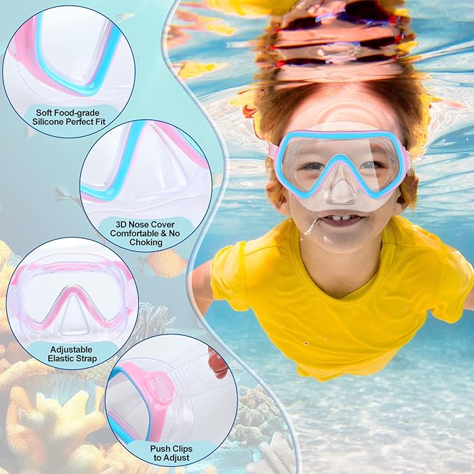 Hoolerry 4 Pcs Kids Nose Goggles Swim Goggles with Nose Cover for 3-8 Tempered Glass Snorkel Dive Mask Anti Fog with Elastic Strap No Leak Swimming Mask for Summer Diving Snorkeling-StrideForce Fitness
