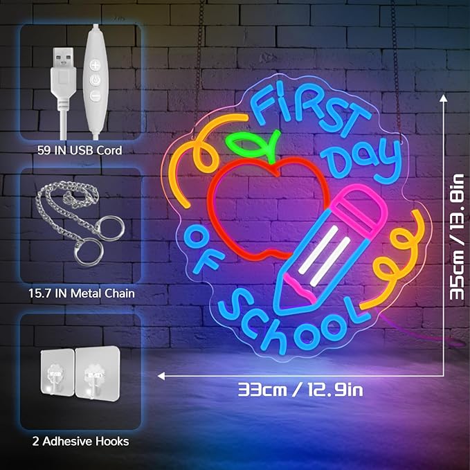 First Day of School Neon Sign for Classroom,Classroom Neon Sign,Colorful LED Back to School Wall Decor,Apple and Pencil Neon Light Sign for Classroom,Preschool,Photo Backdrop,Kids Room-StrideForce Fitness