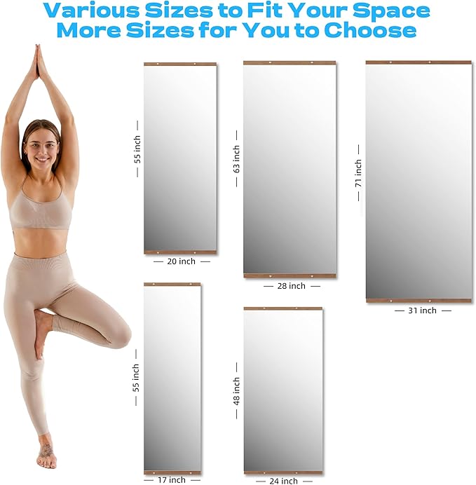 Hasipu 2Pcs 48''x24'' Home Gym Mirror Large Full Length Wall Mounted Full Body Mirror for Yoga Dance Fitness Exercise Studio Bedroom Garage, Frameless Tempered Glass Workout Mirrors Walnut Rectangular-StrideForce Fitness