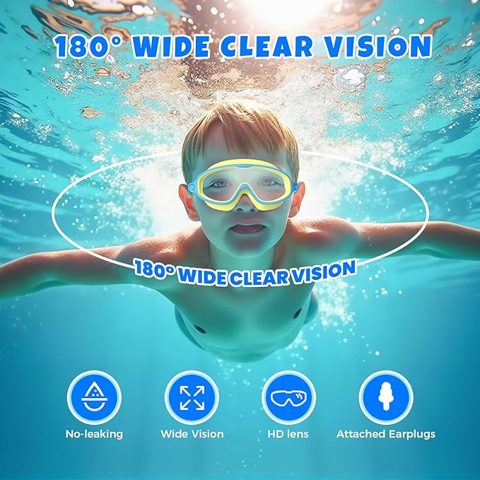 Swim Goggles for Kids 3-15 with Earplugs Large Frame Anti-Fog/UV Swimming Goggles for Boys Girls Toddler 2PCS-StrideForce Fitness