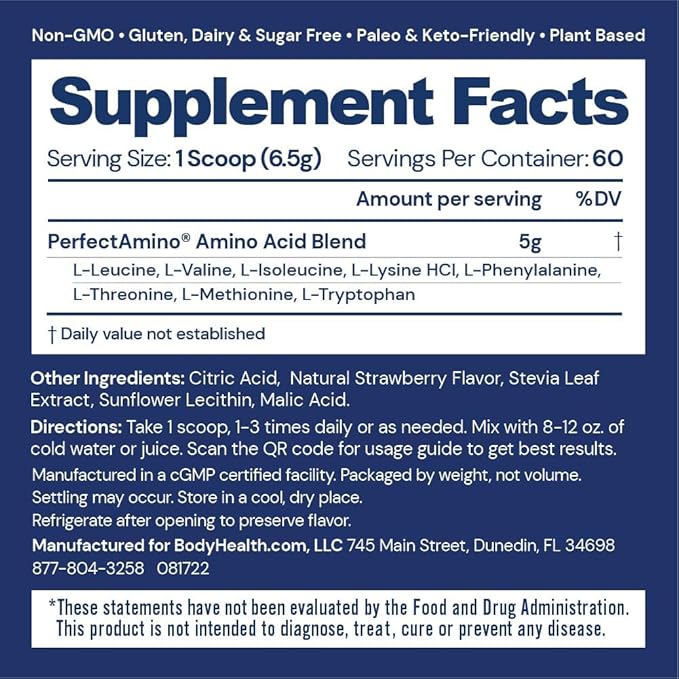 BodyHealth PerfectAmino Powder - BCAA and EAA Powder for Pre and Post Workout - Amino Acid Energy Drink for Men and Women to Support Lean Muscle and Recovery - Strawberry - 60 Servings-StrideForce Fitness