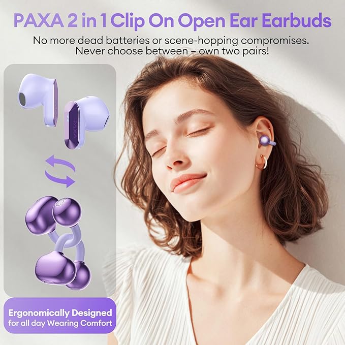 2 in 1 Clip on Open Ear Headphones Wireless Earbuds, 0 Delay Bluetooth 6.0, Ultra-Long 140H Play, Auto L-R Recognition Touch Control, Hybrid Noise Reduction for Work Fitness Daily Use, Ctbuds Purple-StrideForce Fitness