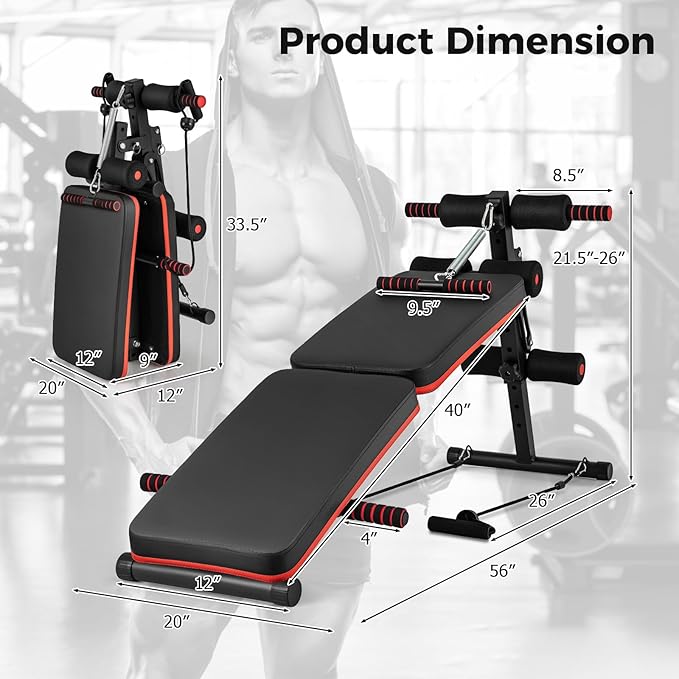 GYMAX Sit Up Bench, 330lbs Folding Decline Workout Bench with Spring Handle, Elastic Ropes & 4 Level Adjustable Height, Incline Weight Bench for Situp, Ab Crunch, Strength Training Exercise for Home Gym-StrideForce Fitness