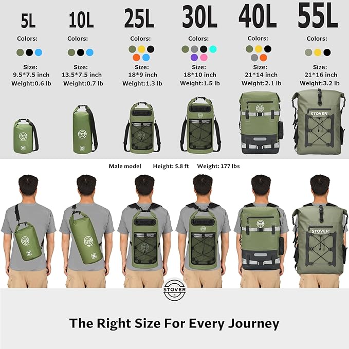 STOVER 5/10/25/30/40/55L Waterproof Backpack- Floating Dry Bag for Kayaking, Travel, Beach, Hiking, & Camping, Men/Women-StrideForce Fitness